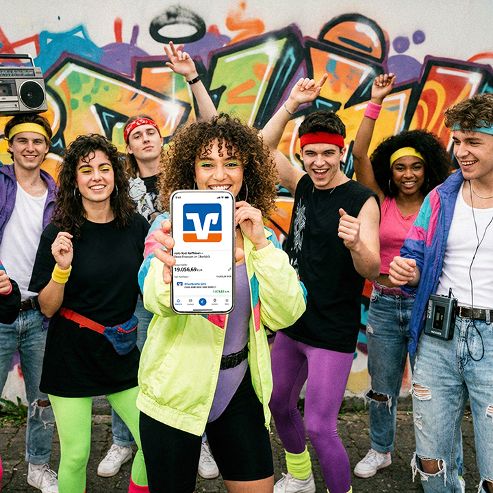 Junge Menschen im 80er Jahre-Look halten ein Handy in die Kamera auf dem die VR Banking App zu sehen ist.