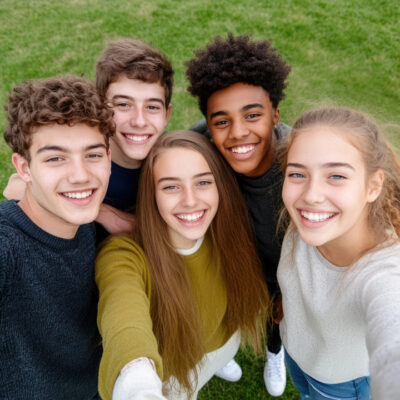 Fünf Jugendliche die ein Selfie von sich machen