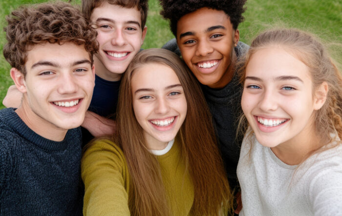 Fünf Jugendliche die ein Selfie von sich machen