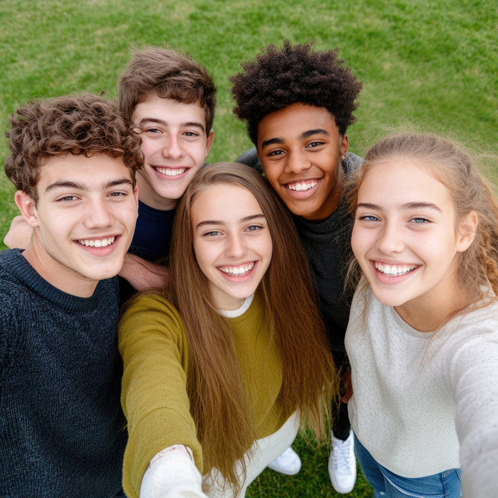 Fünf Jugendliche die ein Selfie von sich machen